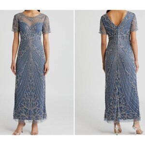 Pisarro Nights New Illusion Beaded Mesh Colum Gown Grey Sz 6 READ Formal Sequin